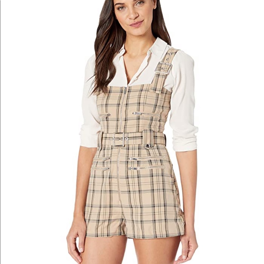 Weworewhat Moto Shorts Overalls Plaid Khaki S/P